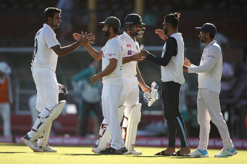 Ajinkya Rahane congratulates Hanuma Vihari and Ravichandran Ashwin after India drew the SCG Test.